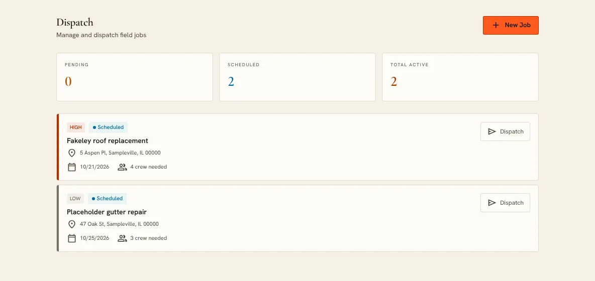 The SaifHaven OS dispatch board with sample data: two scheduled jobs, each with its priority, address, date and crew needed.