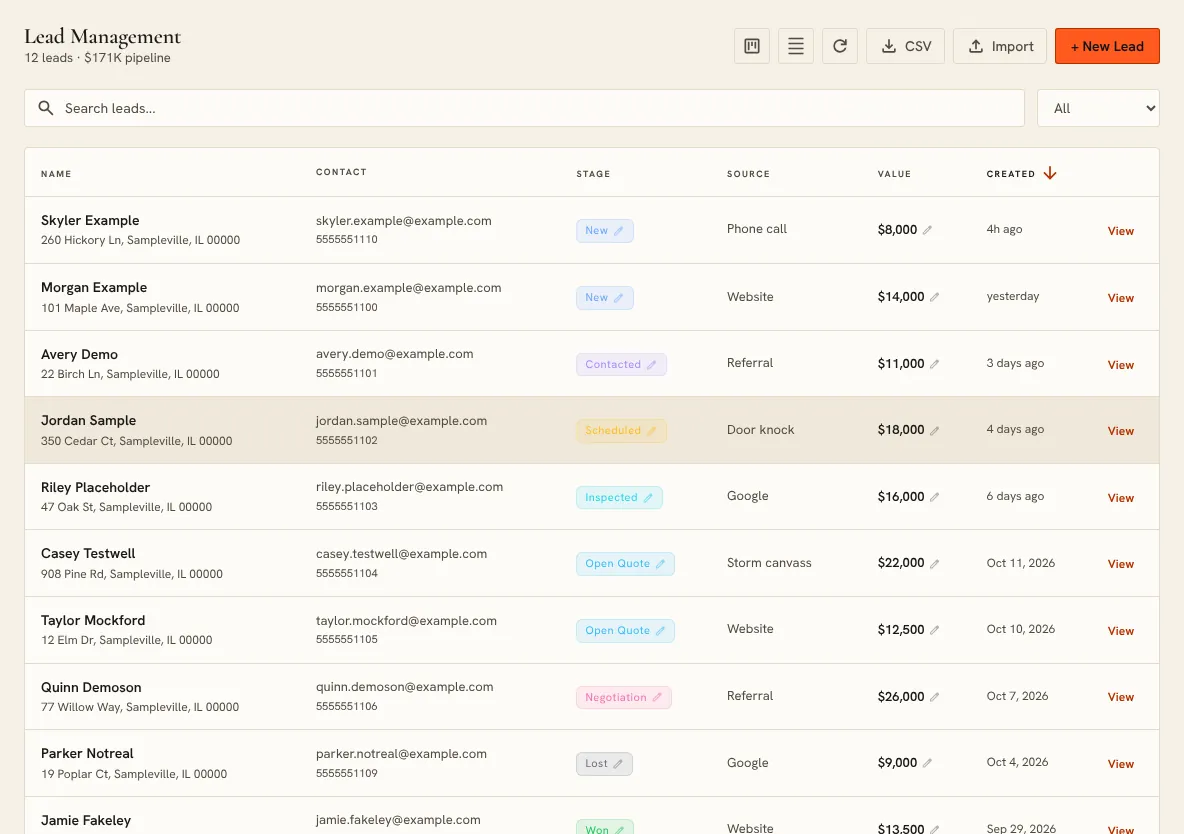 The SaifHaven OS leads list with sample data: made-up inquiries with their names, addresses and stages, and on wider screens each one’s contact details, source, value and when it came in.