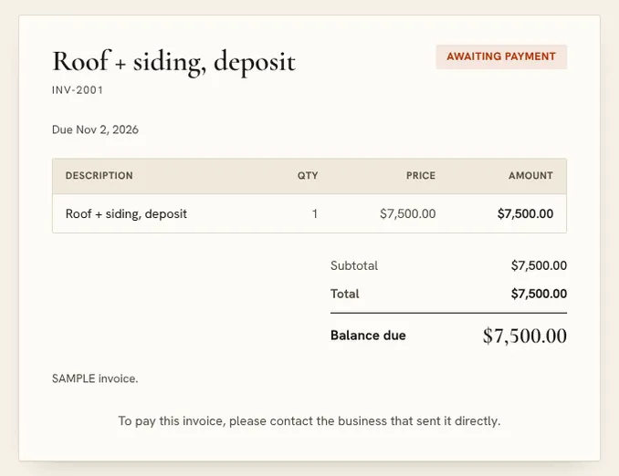A preview of a step that’s available soon: the customer’s view of a sample invoice, awaiting payment, with its line item and the balance due. Paying from the link isn’t switched on yet, so it asks the customer to contact the business.